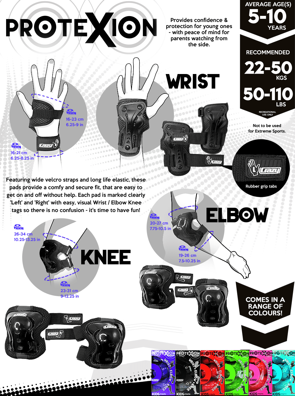 Includes Knee Crazy Skates Protexion Protective Gear Set for Kids Elbow and Wrist Pads
