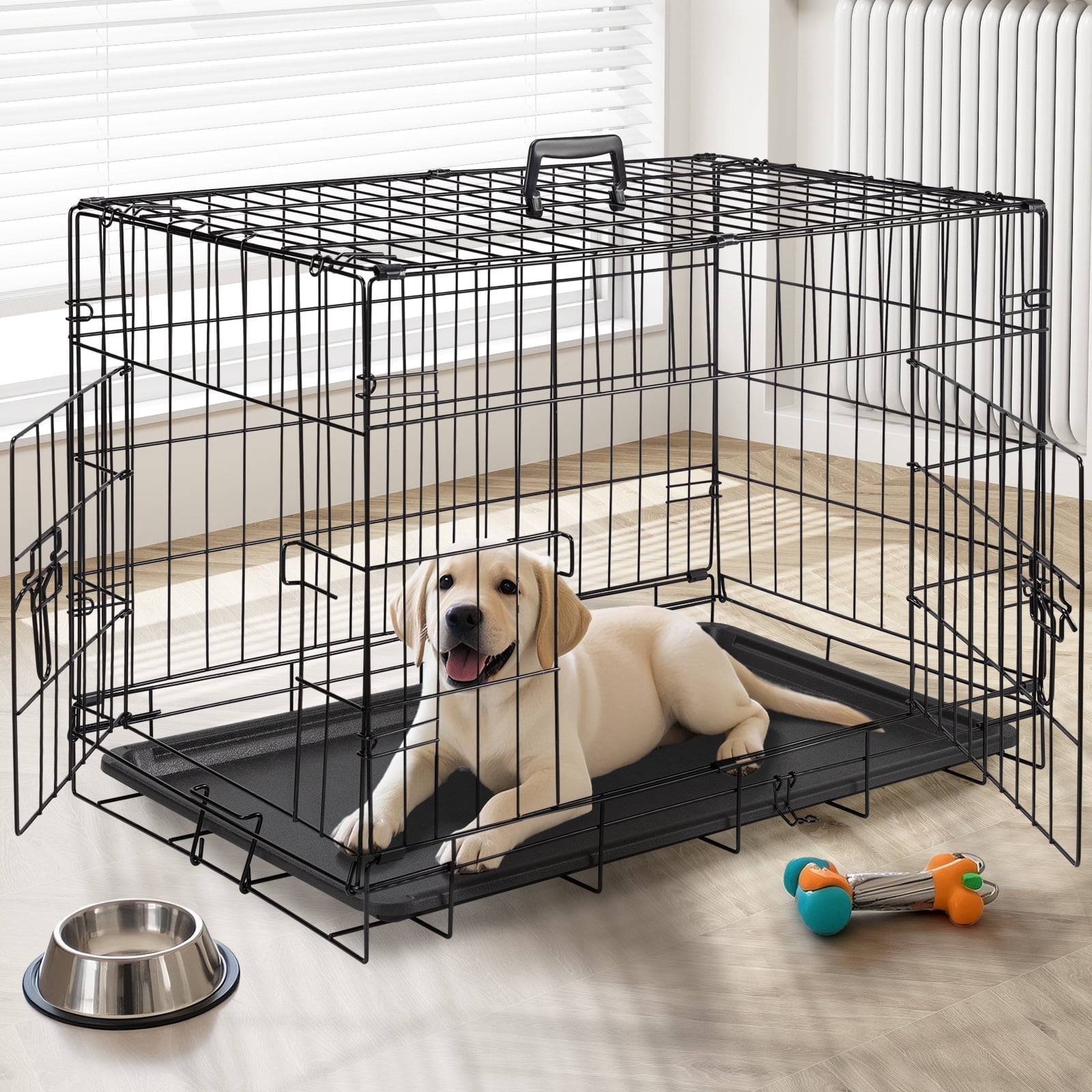Zephypaws 30" Foldable Dog Crate for Small to Medium Dogs, Double Door Metal Wire Pet Cage Kennel with Plastic Leak-Proof Pan Tray