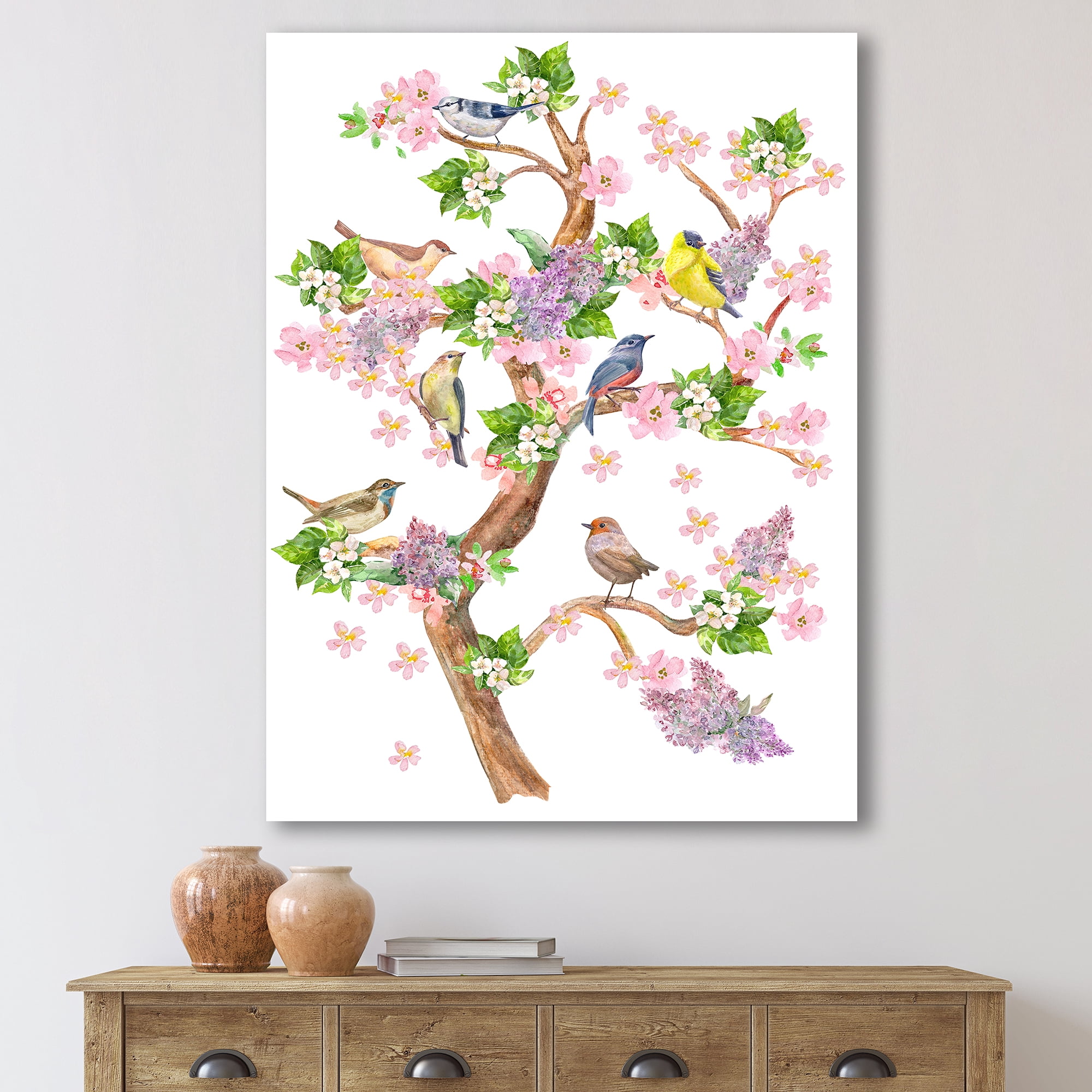 Designart ' Tree With Colorful Birds Sitting On Flowering Branches ' Traditional Canvas Wall Art Print