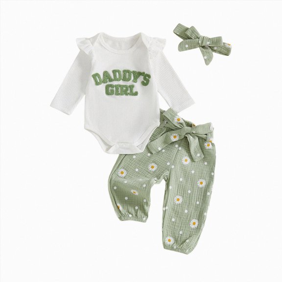 Linfrsh Newborn Infant Girl Outfit Sets Rib Knit Romper Daisy Print Pants Headband Baby Clothes for Girls 0 3 6 12 18 24 Months, 0-3 Months