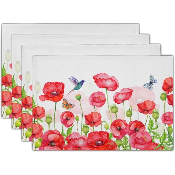 Watercolor Red Poppy Place Mats - Floral Placemats Set of 4 Flower Table Mats Botanical Blossom Spring Table Mats for Home Kitchen 12x18 Inch