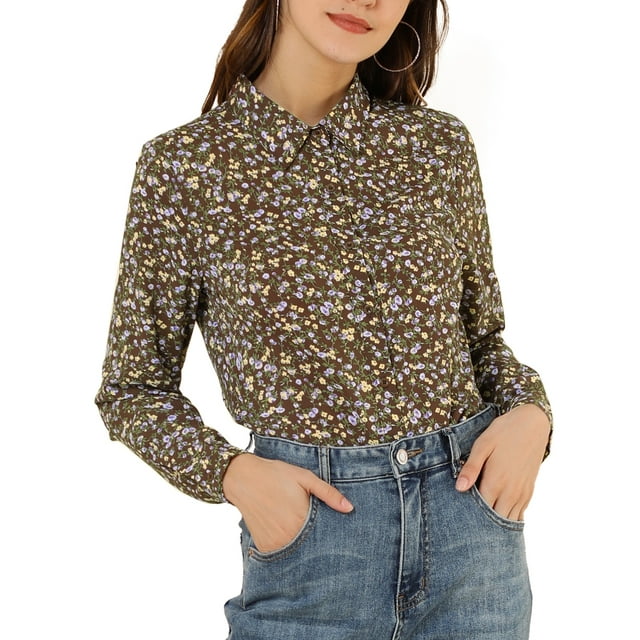INSPIRE CHIC Women's Button Down Shirt Ditsy Floral Long Sleeve Point Collar Office Top XL Brown