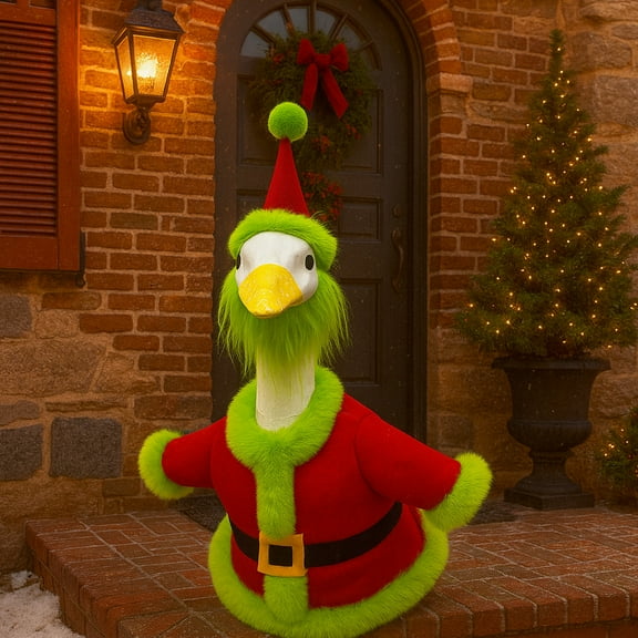 Christmas Porch Goose Outfits Funny White Green Goose Outfit Lawn Porch Goose Clothes Fits 23" Cement Plastic Goose Statue for Xmas Outdoor Garden Yard Patio Statue Art Decor