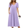 thumbnail image 2 of Women's Casual Summer Midi A-Line Dress V-Neck Short Sleeve Pleated Front Design with Pockets Lightweight Breathable Flowy Sun Dress For Daily Wear Vacation Office, 2 of 6
