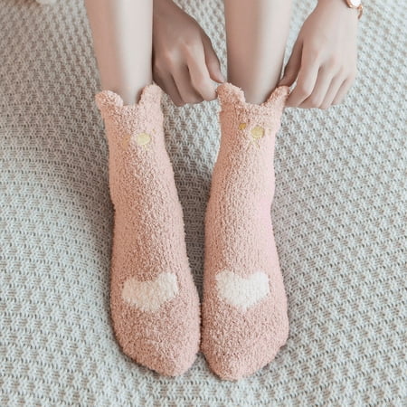 

MRULIC socks for women Womens Cartoon Embroidery Fuzzy Socks Winter Home Slipper Warm Thick Fleece Soft Pink + One size