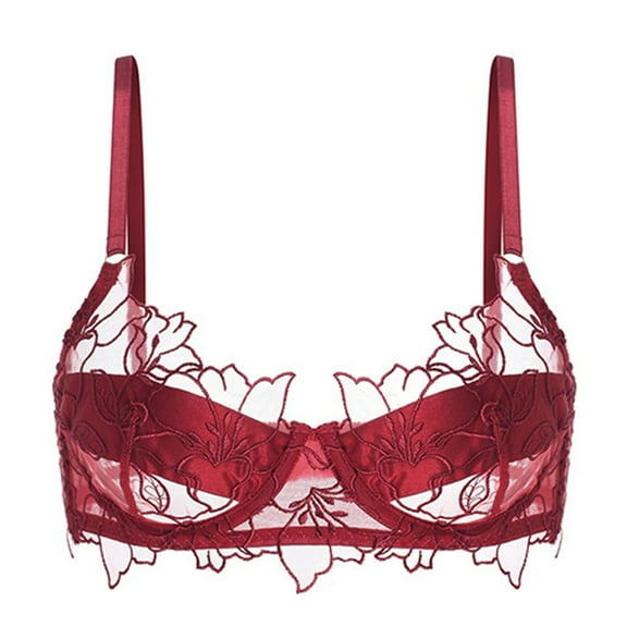 khonts,Women's Sexy Lace Bra Sheer See Through Mesh Spaghetti Strap Bras Underwire Plunge Unlined Bralettes Red XL