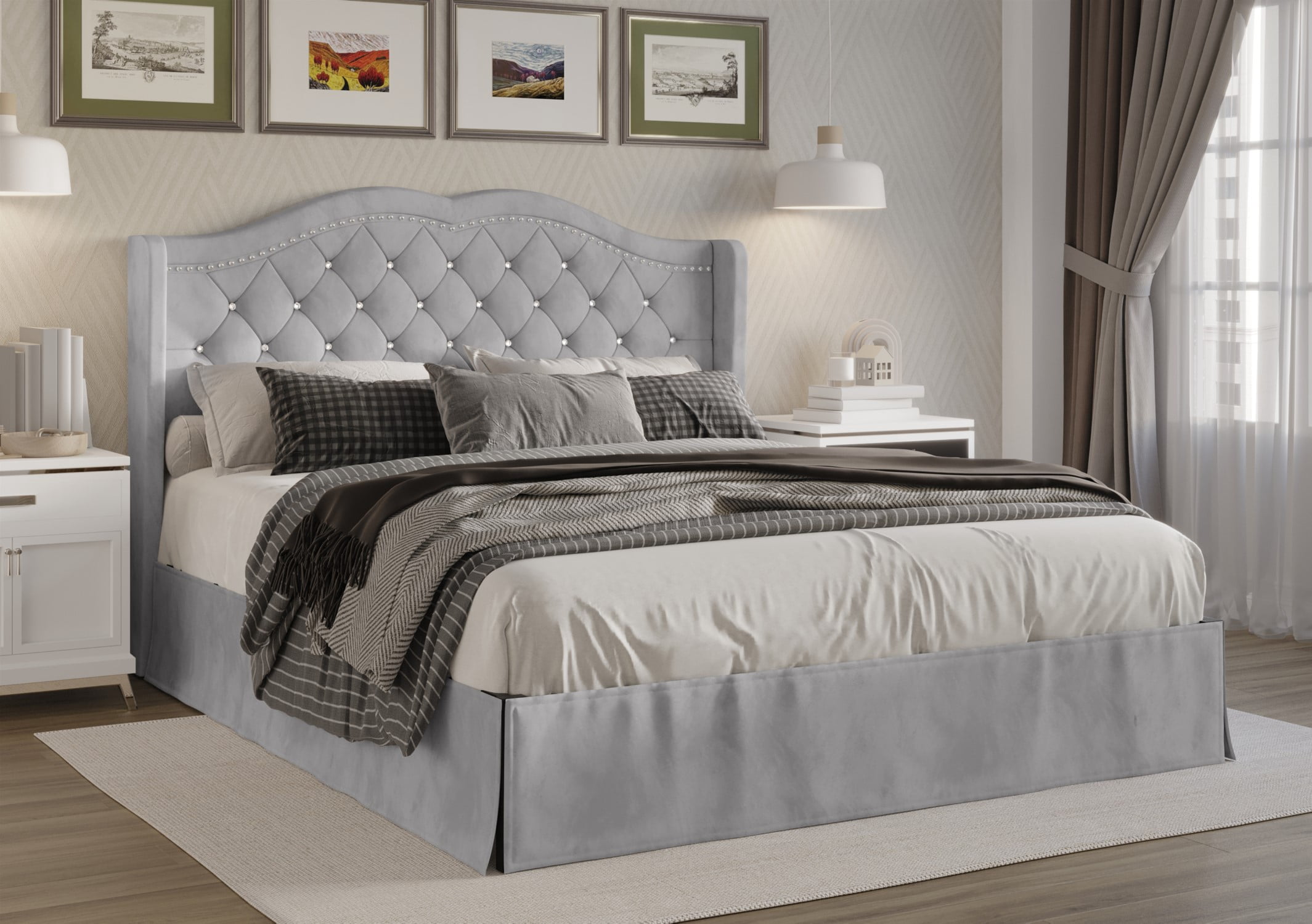 Home Design Bruce King Tufted Upholstered Platform Bed Frame with Wingback Headboard and Nailhead Trim, Silver Gray, Easy Assembly