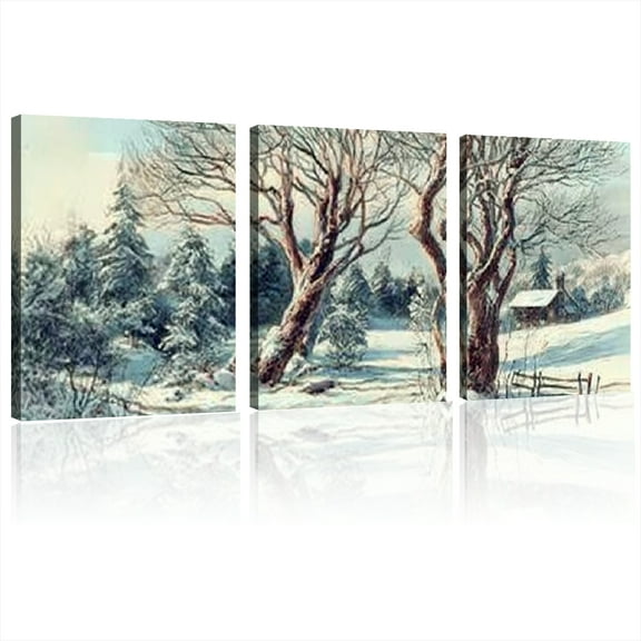 Wooden frame Winter Vintage Snow Tree Christmas Wall Art Sleigh Ride Winter Snow Scene Canvas Wall Painting Victorian House Wall Painting Christmas Tree Wall Decor12*16inch*3pcs