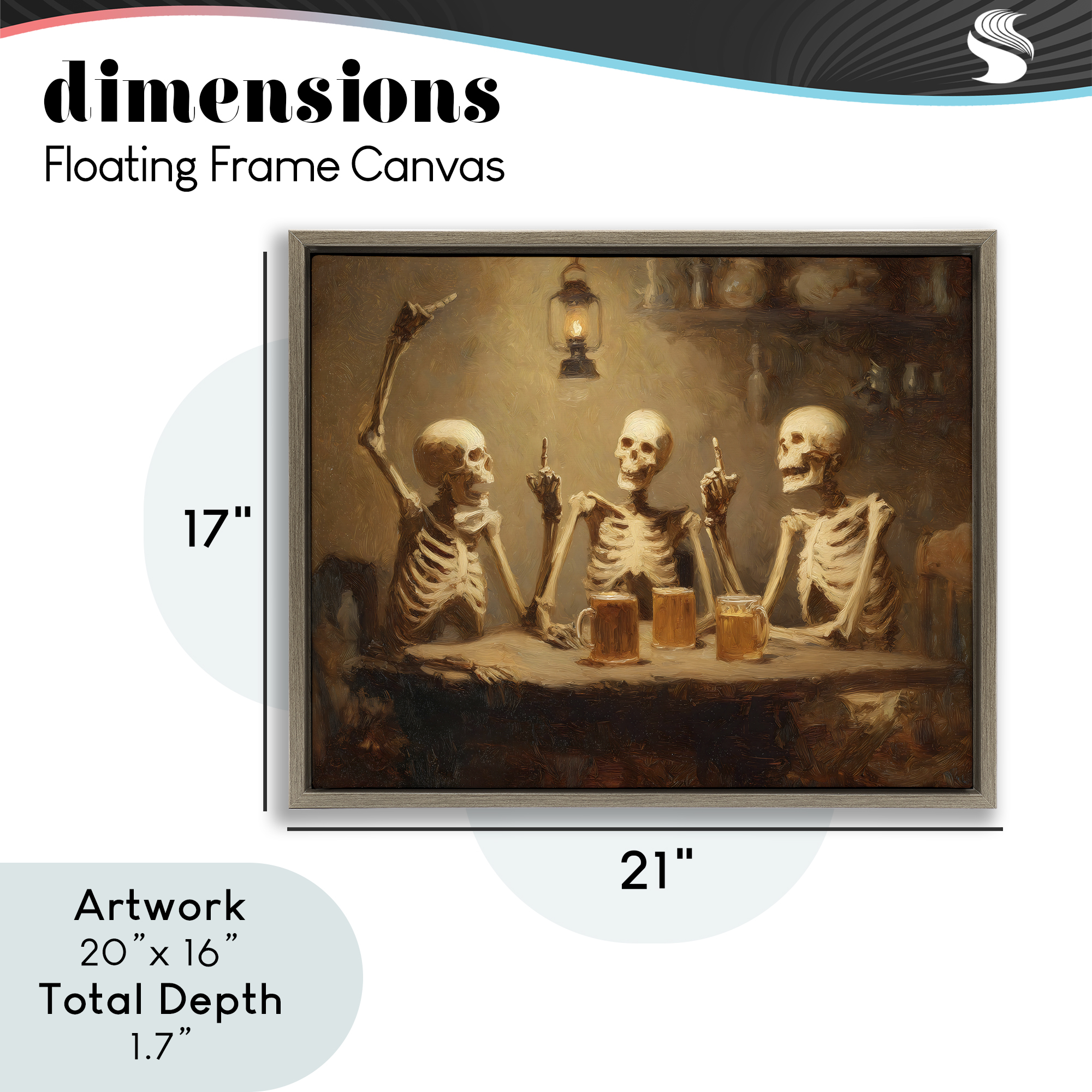 Skeletons Drinking at Tavern Brown Framed Floater Canvas Wall Art, design by Arlington Prints