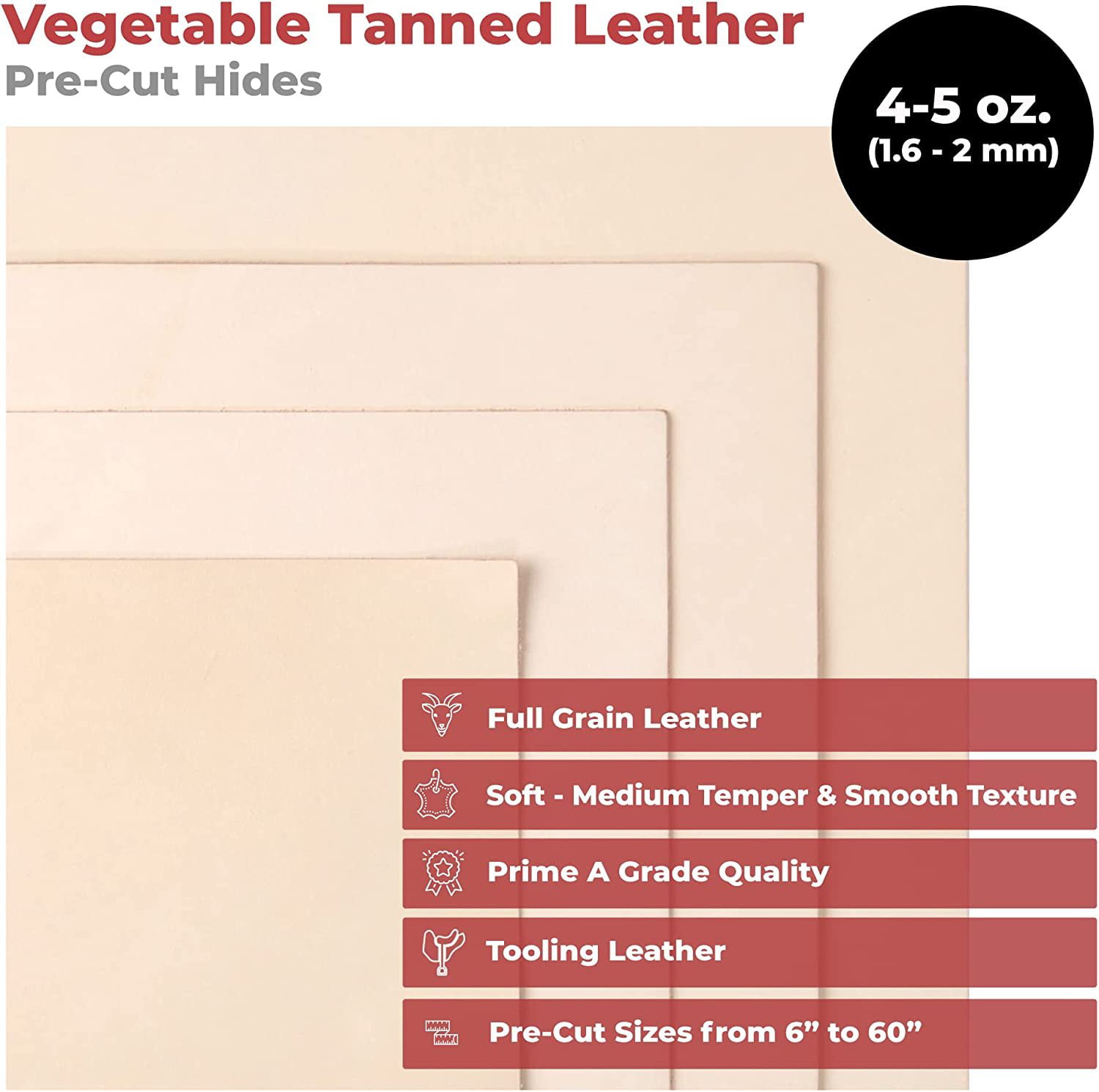 Vegetable Tanned Tooling Leather Pack of 2 Cowhide Leather Sheet 1.6-2.0mm 4 x 4 CP 4-5 oz Leather Hide 