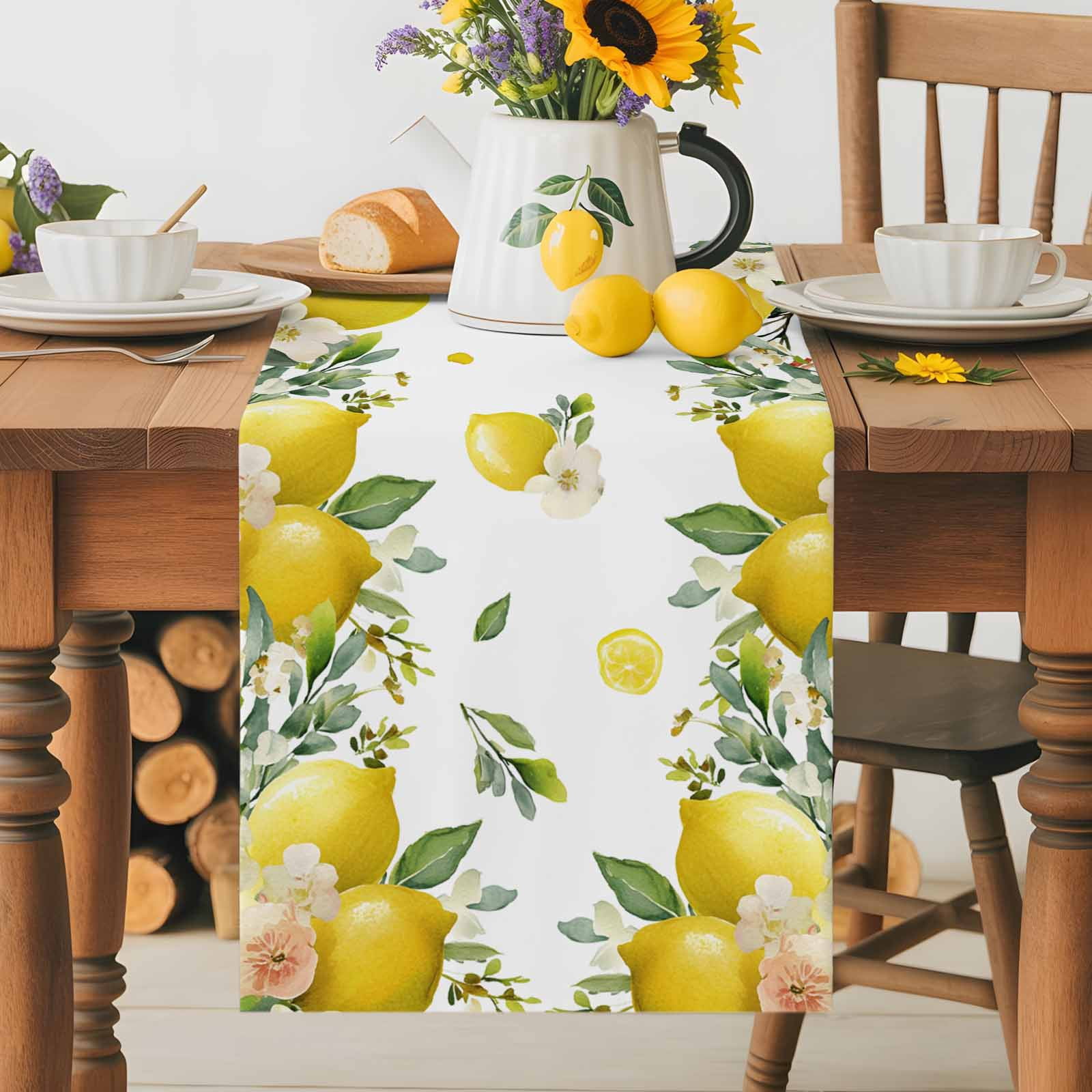 Watercolor Lemon Green Leaves Flower Table Runner 90 Inches Long, Farm Harvest Table Runners Tabletop Scarf Kitchen Dining Tables Decoration for Home Party Indoor Outdoor