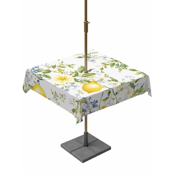 Outdoor Table Cloth with Umbrella Hole and Zipper, Summer Lemon Waterproof Square Tablecloth 60"x60", Watercolor Yellow Spring Floral Botanical Washable Table Cover for Outside Party Patio Picnic