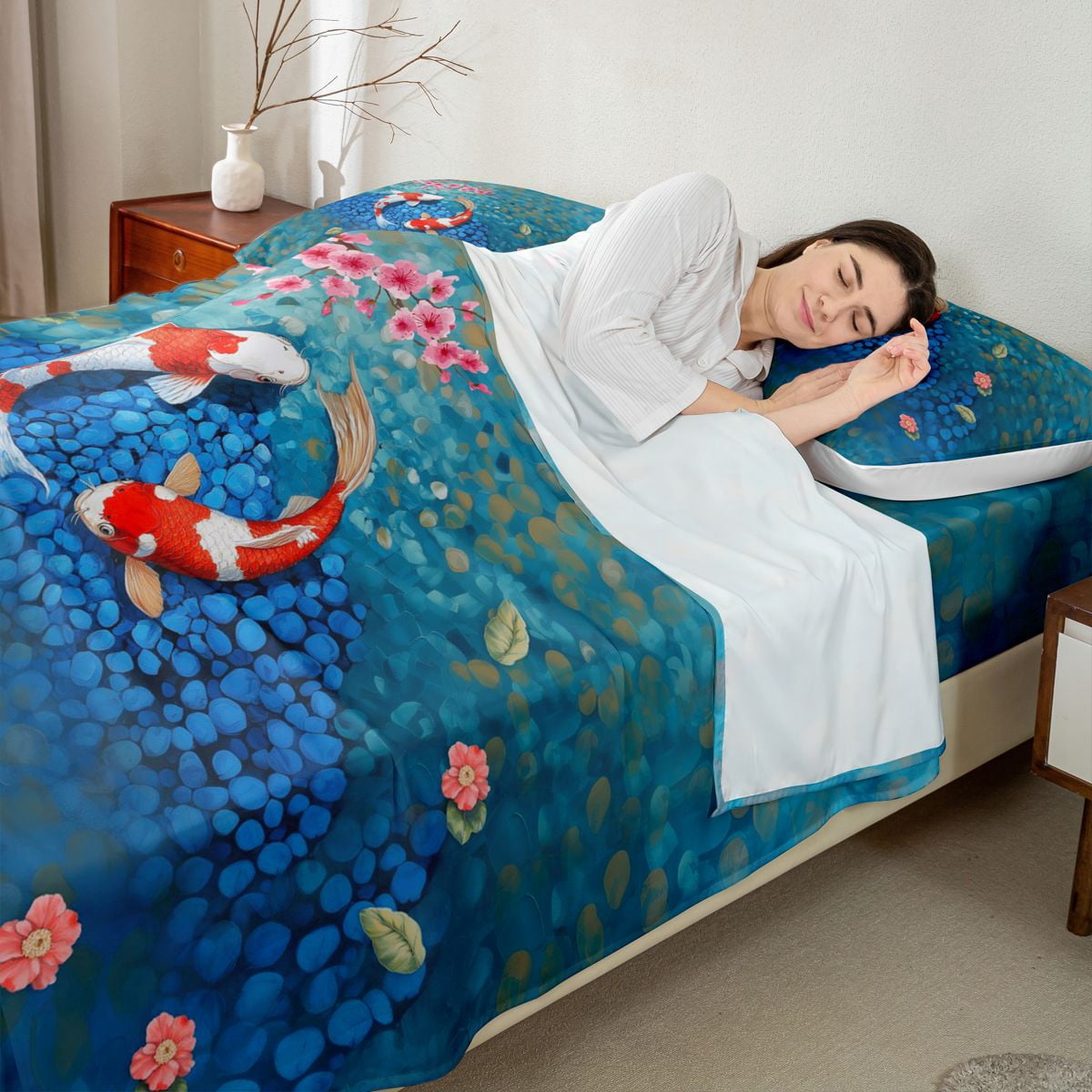 Manfei Oil Painting Koi Fish Queen Sheet Sets for Girls, Sakura Pond Bed Set, Blue Pink 4pcs, 1 Flat Sheet, 1 Fitted Sheet and 2 Pillowcases