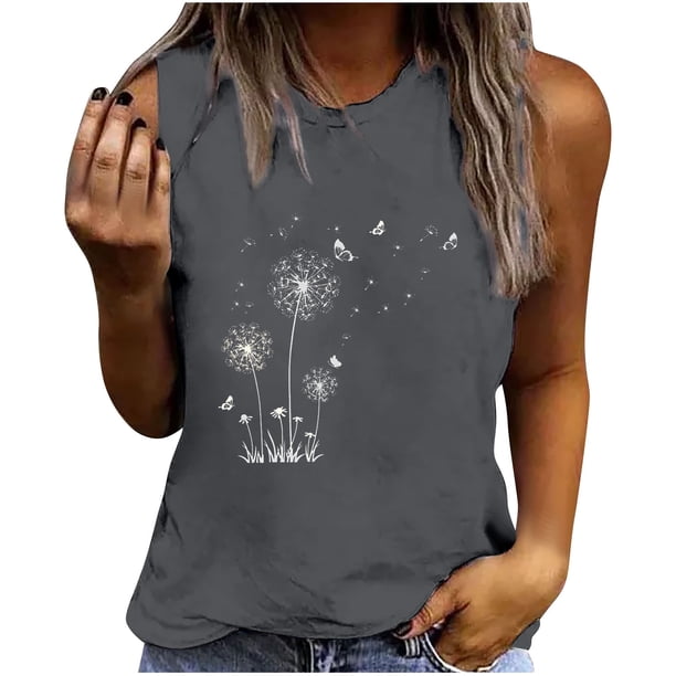 Camiseta holgada sin mangas con cuello redondo y estampado de flores informales de verano para mujer Pompotops lopia994227