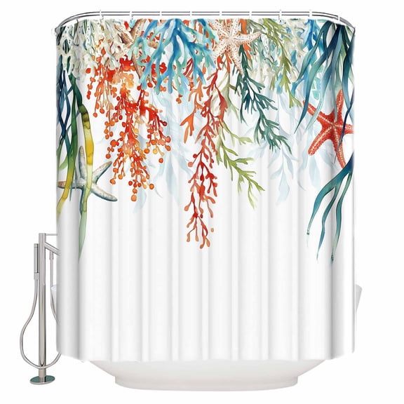 54x78 Inch Shower Curtain Decorative Coastal Ocean Bathtub Bath Curtains Fabric Waterproof Bathroom Decor Summer Beach Coral Starfish Seagrass Small Stall Shower Curtain Set with 12 Hooks