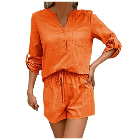 vigerkar Women s Cotton Linen Set Casual Tracksuit Button Up Long Sleeve Shirt Drawstring Shorts Beach 2 Piece Summer Outfits Orange L