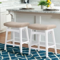 MF Studio 24 inch Counter Height Wood Bar Stools Set of 2 for Kitchen Saddle Backless Faux Leather Stools Chairs, White