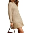 thumbnail image 2 of Robe Chandail en Tricot Torsadé pour Femmes, Col Ras du Cou, Manches Longues, Mini-Robe Plissée, Style Deux-en-un, Robe Patchwork, Brun Pâle, TTTG, 2 of 8