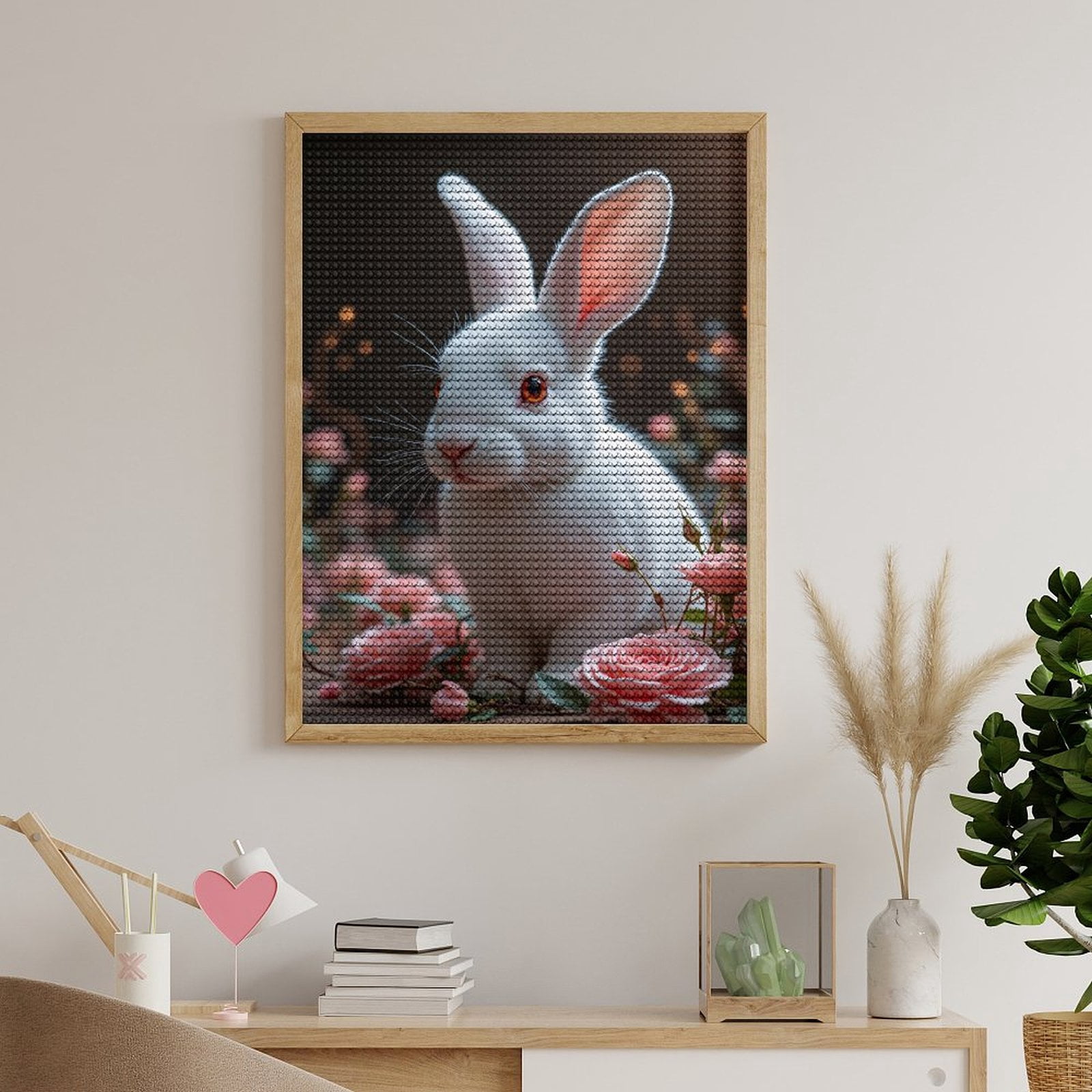Diamond Art Kits for Adults, White Bunny Among Pink Roses 5D Diamond Painting Kits for Adults Beginners, DIY Full Drill Diamond Painting, Gem Art and Crafts 12x16