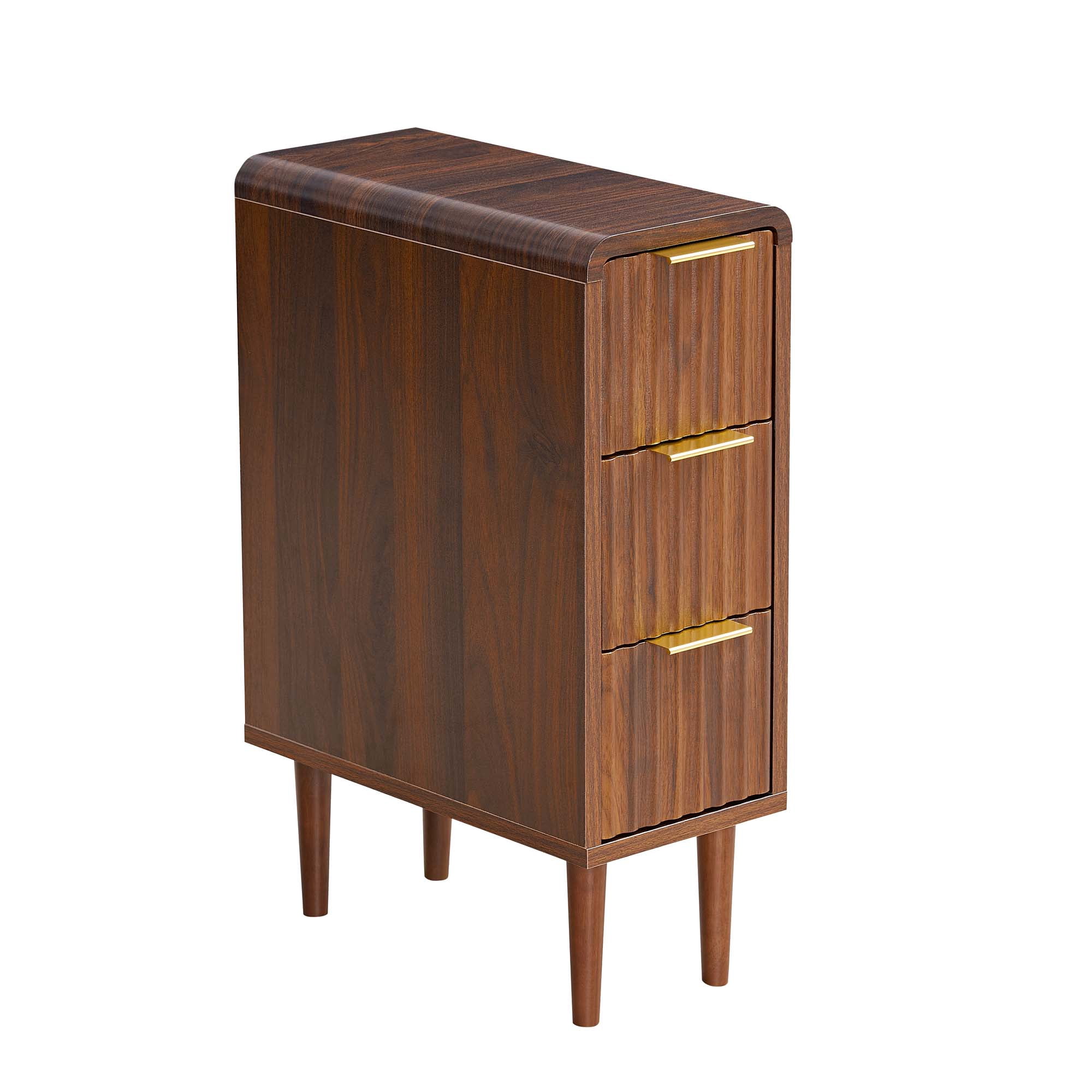 Spruce & Spring Mid-Century Modern Narrow Nightstand with 3 Drawers for Bedroom & End Table for Small Spaces, Fluted Front, Walnut