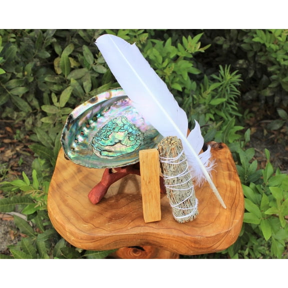 Smudge Kit: Large Abalone Shell   Stand   Palo Santo   Blue Sage   Feather!