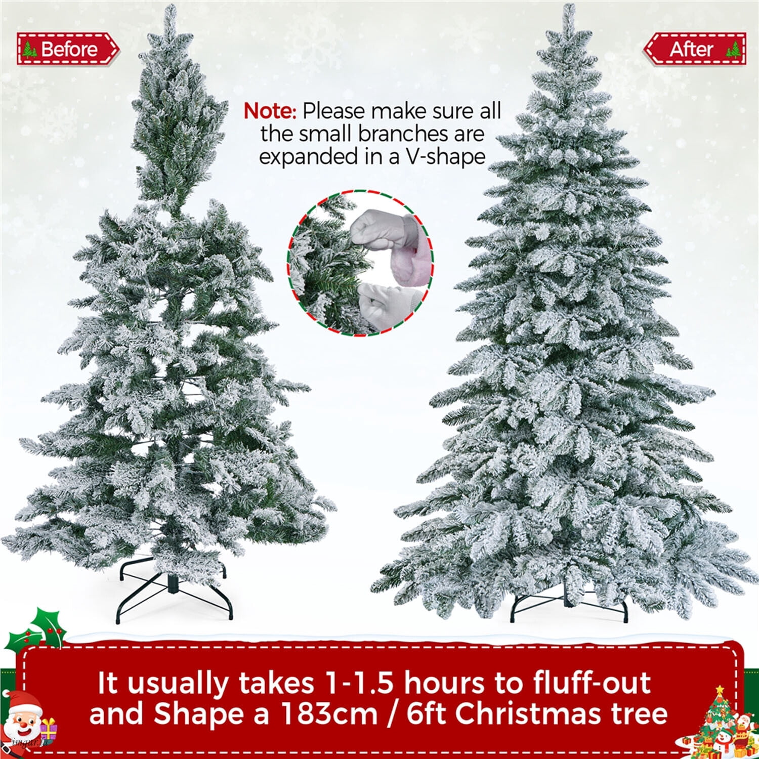 Alden Design 6FT Pre-lit Snow Flocked Christmas Tree, Christmas Fir Tree with LED Lights and Foldable Stand, Green & White