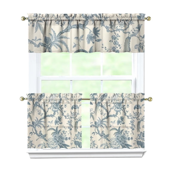 Retro Wildflower Curtains 24 Inch Short - 3 Panel Rustic Farmhouse Kitchen Set with Vintage Botanical Print, Boho Rod Pocket Design