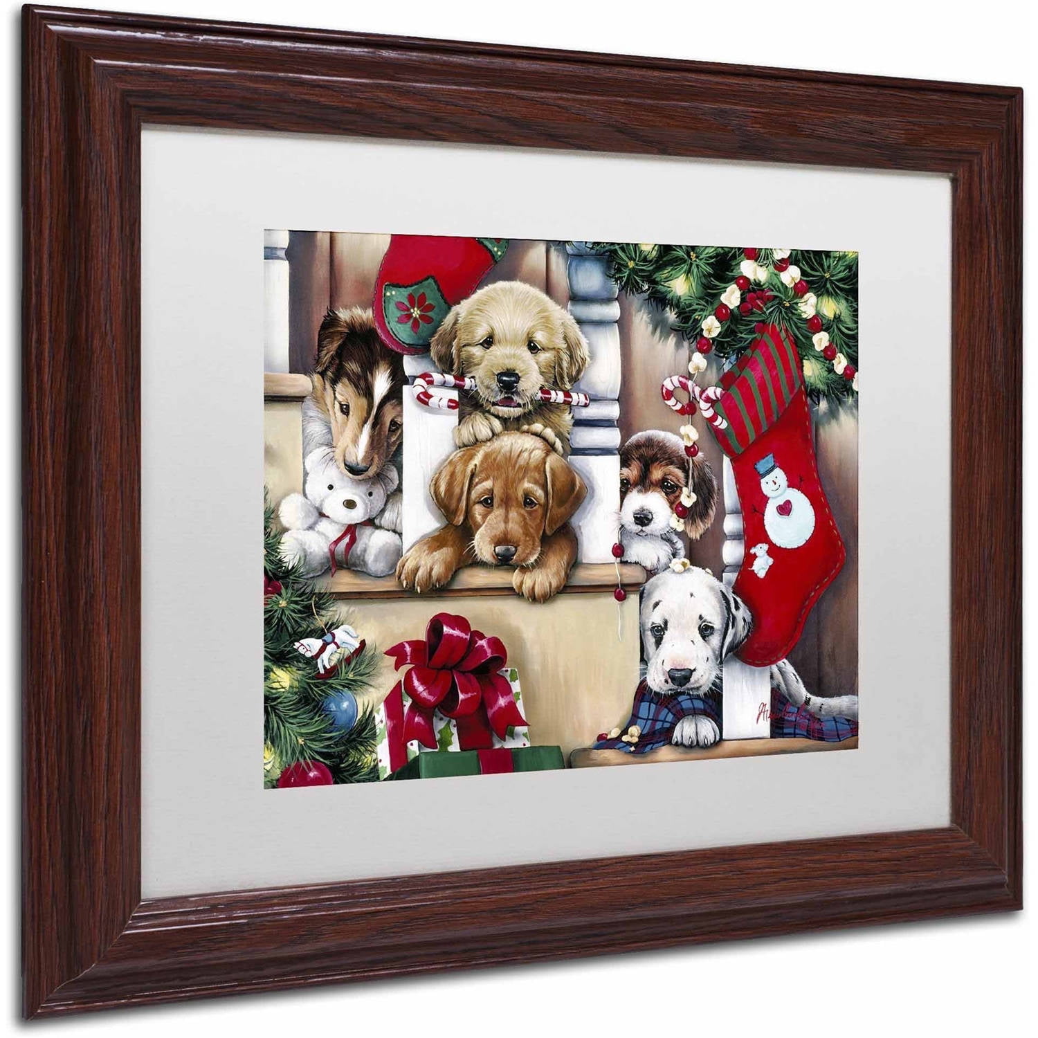 Trademark Fine Art 'Christmas Puppies On The Loose' Canvas Art by Jenny Newland, White Matte, Wood Frame