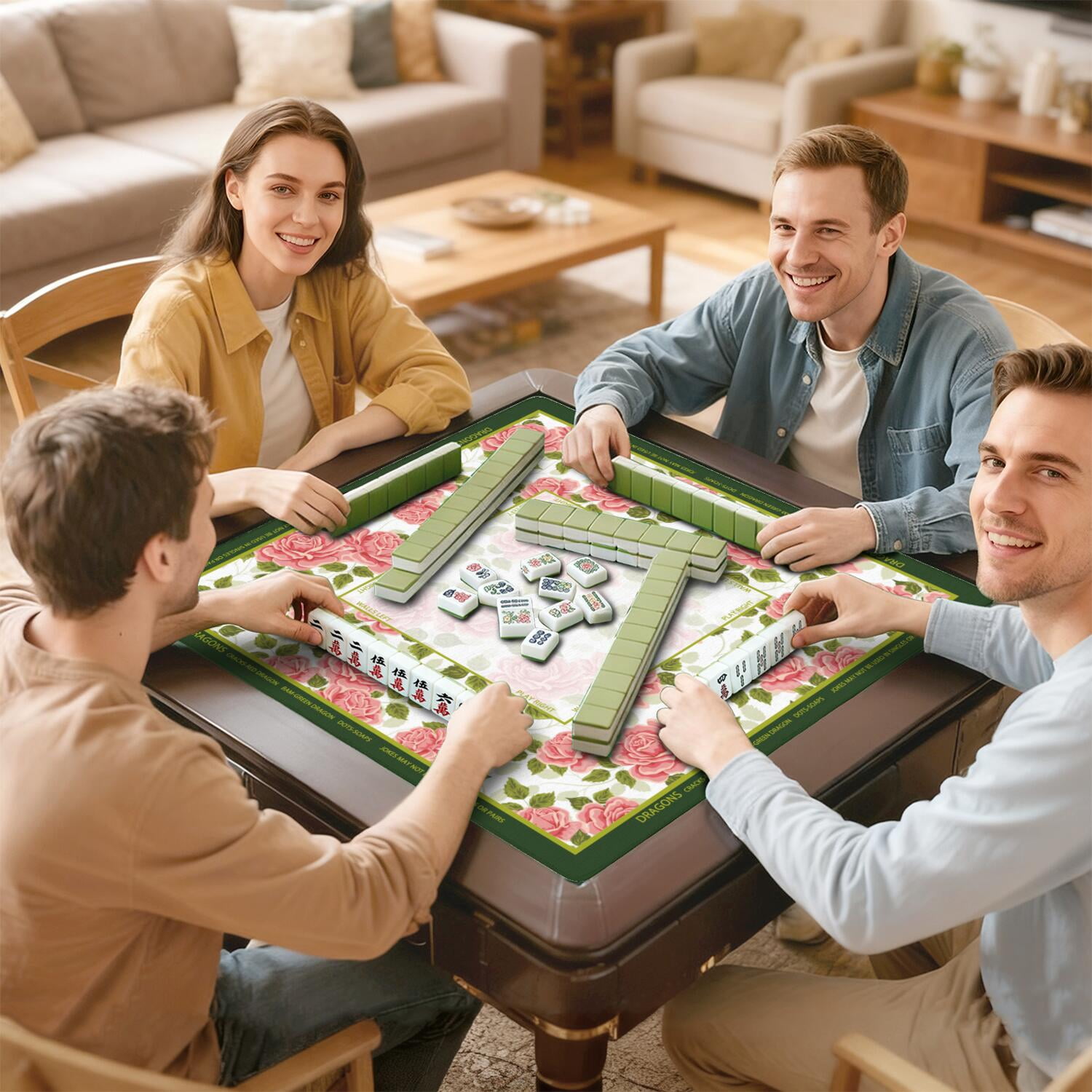 Elegant Mahjong Mat with Rules, 31.5*31.5in Anti Slip American Mahjong Mat for Table, Noise Reduction, Neoprene Mah jongg Mats with Carrying Bag & 3 Dices, Mahjong Set Gift, Board Tile Games Mats