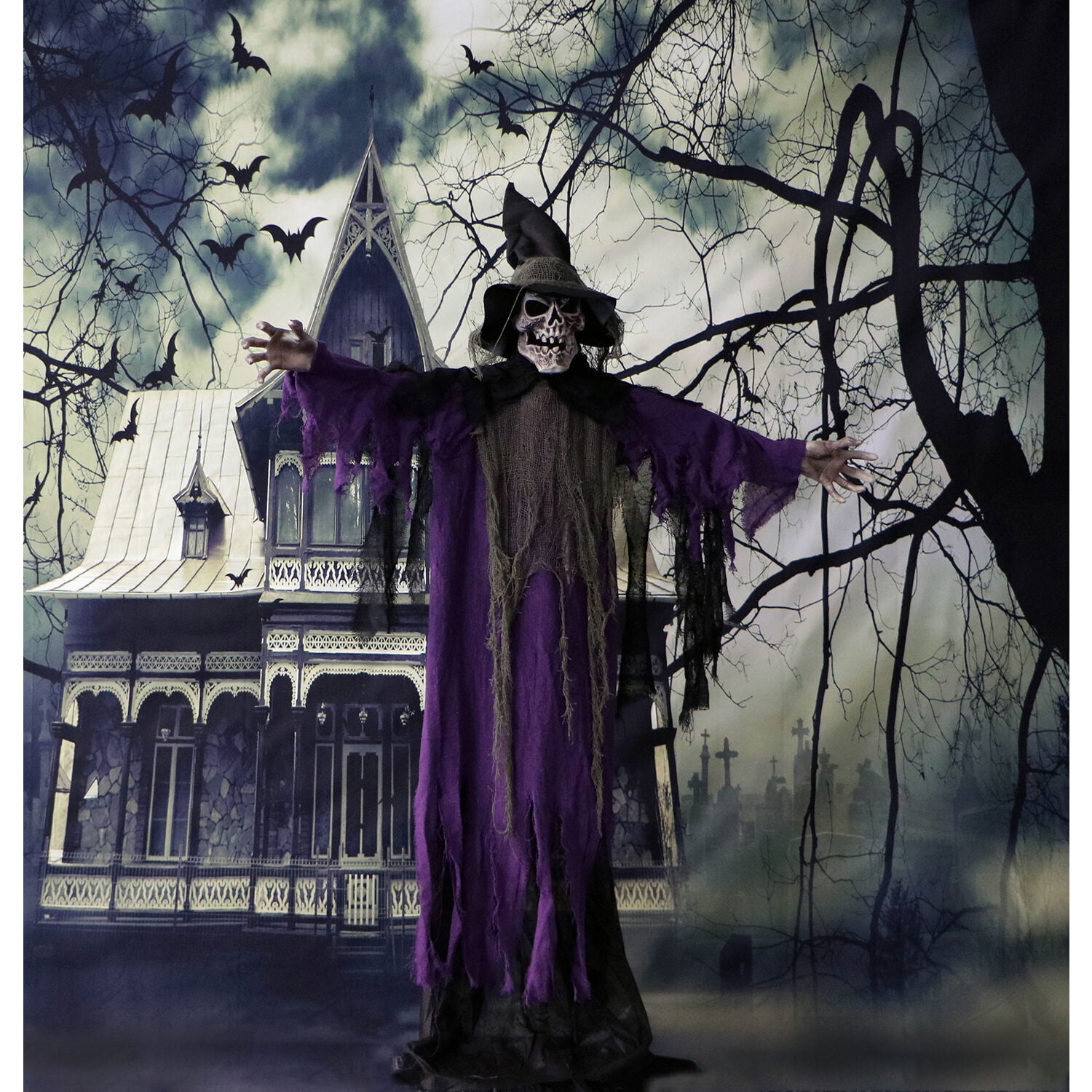 Haunted Hill Farm Life-Size Skeleton Witch Prop w/ 6-Function Multi-Color Light, Multicolor