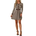 thumbnail image 2 of Vestido A-Line Elegante de Cuello Redondo con Botones para Mujer, Houndstooth y Cuadros, M, Marrón Caqui, 2 of 6