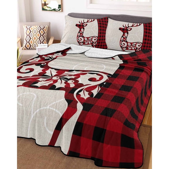 Christmas Elk Queen Size Down Alternative Comforter, Lightweight Comforter Quilt Bedding Set with Pillow Shams Red Black Checkered Deer Winter Holiday All Seasons Bed Comforter Duvet Insert 90"x96"