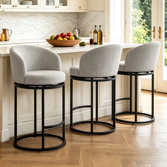 CRERIYO 27" Counter Height Bar Stools Set of 3, Fabric Upholstered Swivel Barrel Bar Chairs with 90 Auto Return and Metal Frame, Lightgray