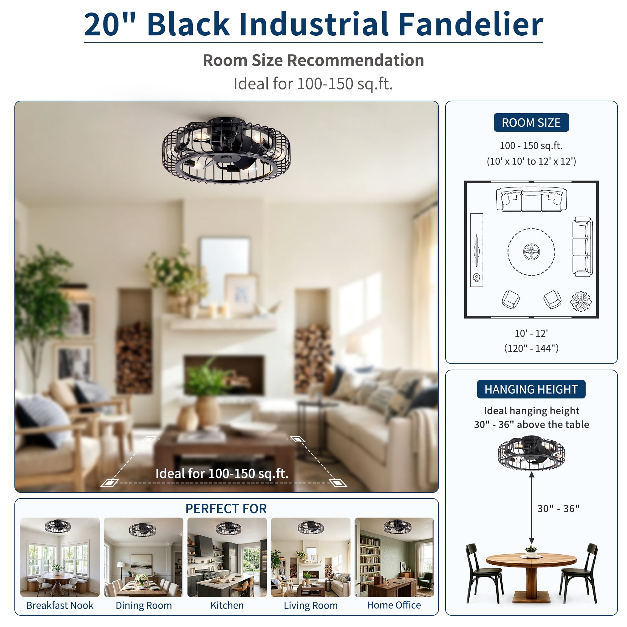 Leumius 20" Black Industrial Flush Mount Ceiling Fan with Lights, Low Profile Fandelier with E12 Sockets, Reversible DC Motor, 6 Speeds, Quiet Ceiling Fan for Bedroom Kitchen Dining Room Farmhouse