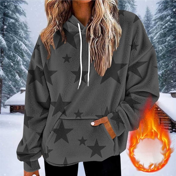 Women's Fleece Hoodies Fuzzy Cozy Oversized Hooded Sweatshirt Fashion Striped Printed Winter Jackets Crewneck Pullover Loose Soft Outerwear Tops with Pocket