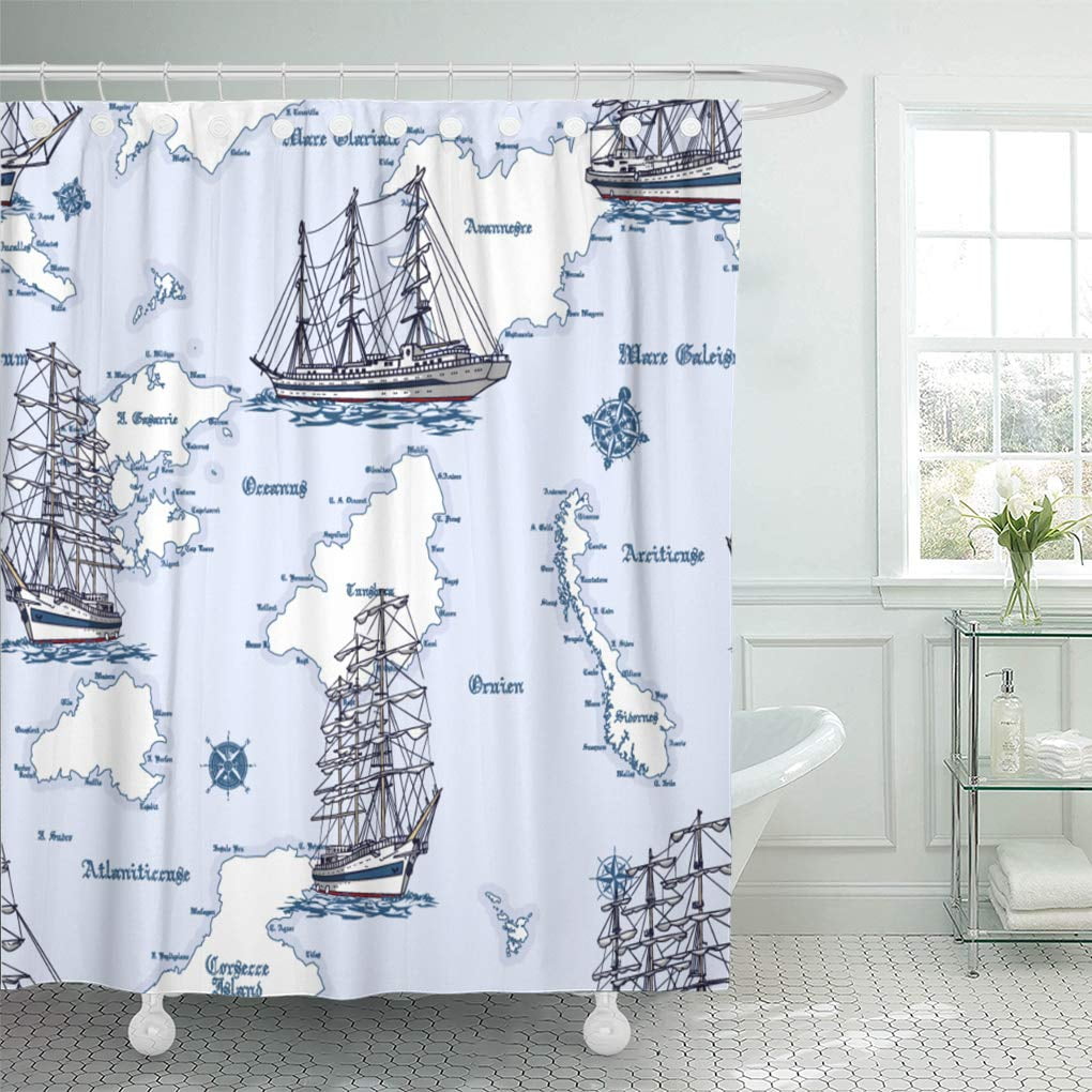 KSADK Blue Nautical with Sailing Ship Sail Shower Curtain Bathroom