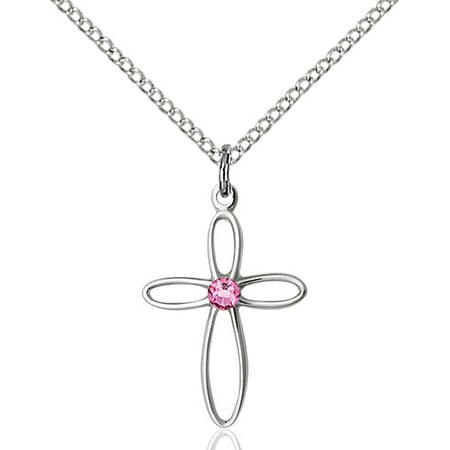 Silver Crystal Loop - Sterling Silver Loop Cross Pendant with 3mm October Rose Swarovski Crystal 3/4 x 1/2 inches with Lite Curb Chain