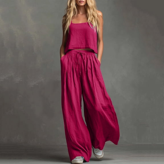 Xdegoge 2 Piece Sets for Women Linen Sleeveless Matching Sets Cropped Tank Top and Wide-Leg Pants Drawstring Camisole Summer Vacation Lounge Outfits