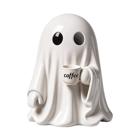 Lypsnake Ghost Figurine Holding Coffee Cup, White Resin Ghost Statue With Drink Cup Detail, Spooky Cute Tabletop Ornament For Halloween Mantel Shelf Indoor Home Party Decor
