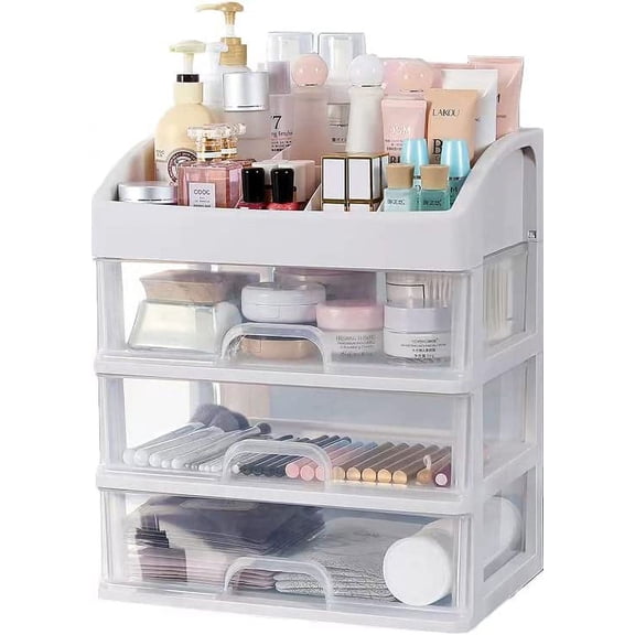 XIMEI Makeup Organizer with 3 Drawers, Plastic Storage for Vanity Cosmetic Display, Large Capacity Countertop Skincare Storage, Arc Type