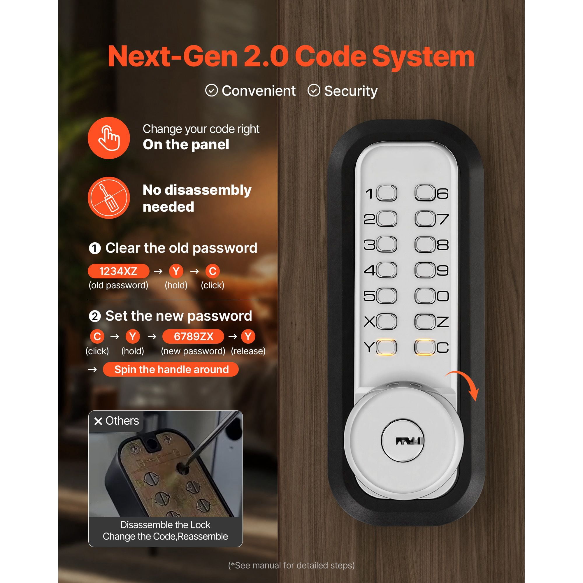 Mechanical Keyless Door Lock Gen2 Single-Sided 4-7 Digit Code No Batteries Cuttable Spindle for Front Gate Garden Garage