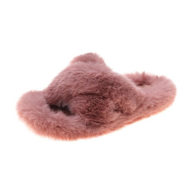 Zapatillas de otoño e invierno, zapatillas cruzadas peludas, zapatos de mujer, zapatillas para uso exterior, zapatos cálidos para interior de mujer