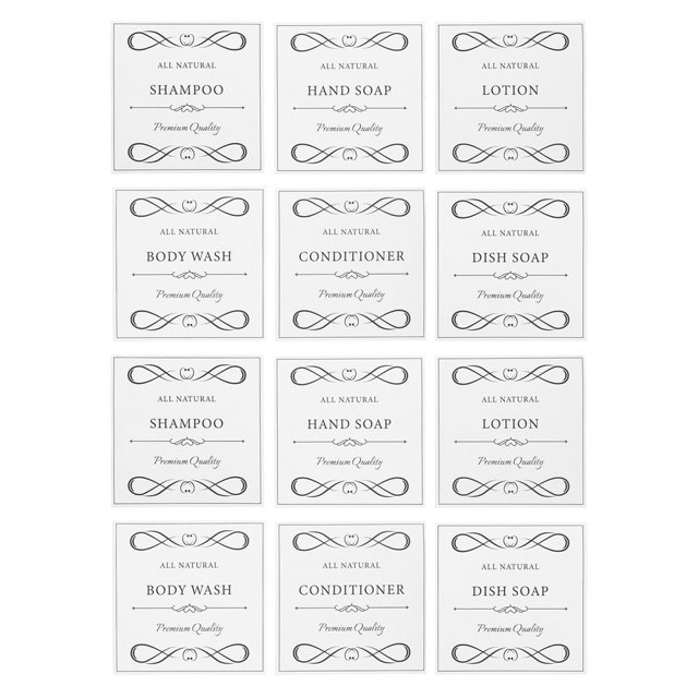 12 etiquetas autoadhesivas para dispensadores de jabón. Pegatinas elegantes, funcionales e impermeables para jabón de manos, loción y gel de ducha. Ideales para el baño.