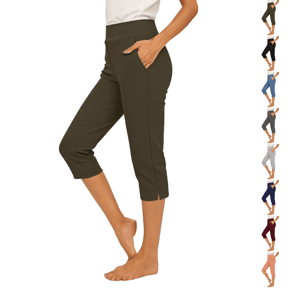 Plus Size Pull On Capri Pants for Women with Pockets Elastic Waist Commuter Travel Casual Work Cropped Pants with Cuff Army Green S
