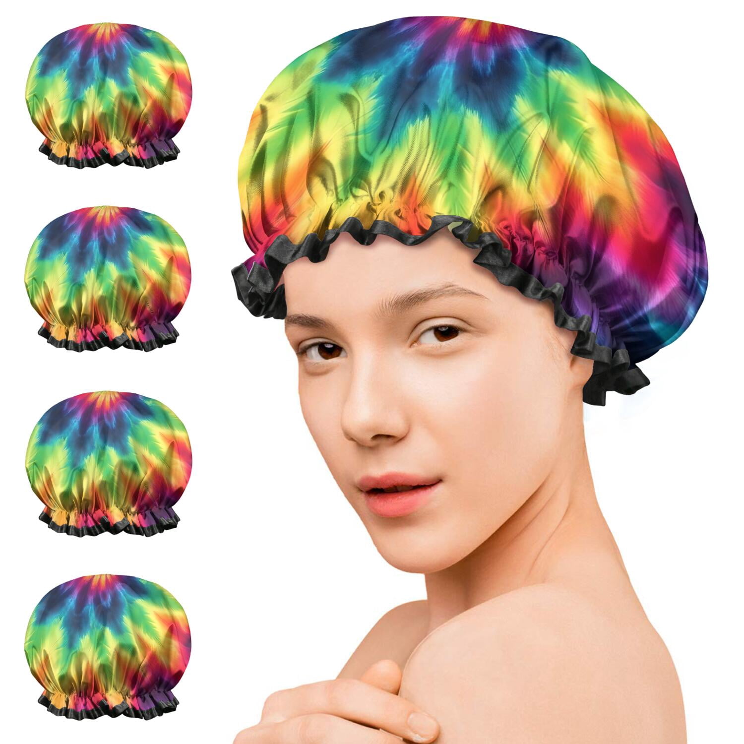 Shower Caps,Rainbow Tie Dye Mandala Pattern Waterproof Shower Cap for Women 4 Pieces,Double Reusable Hair Cover for Shower PEVA Elastic Stretch Hem