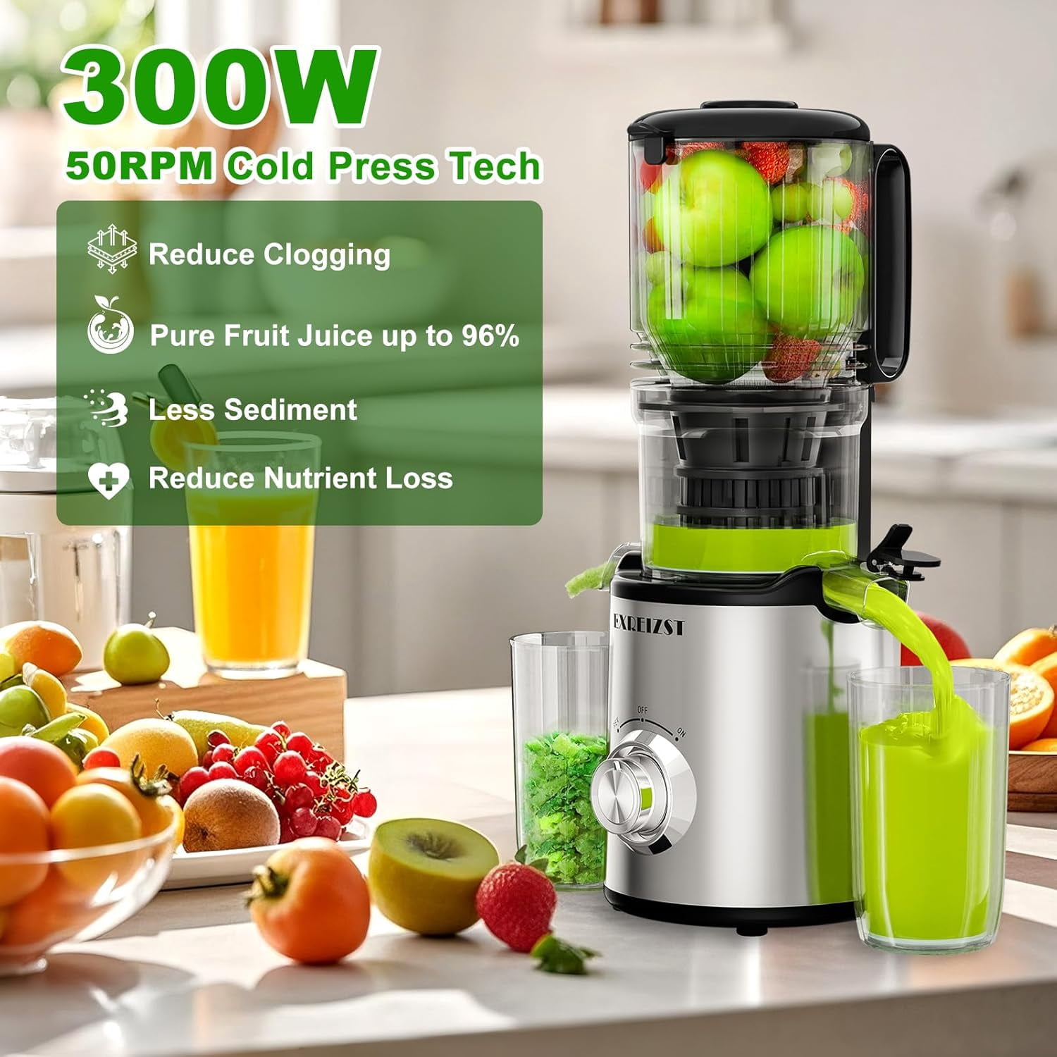 Cold Press Juicer  with 5.3 Inch Large Feed Chute for Whole Fruit Vegetable, 300W Slow Masticating Extractor, Easy Clean