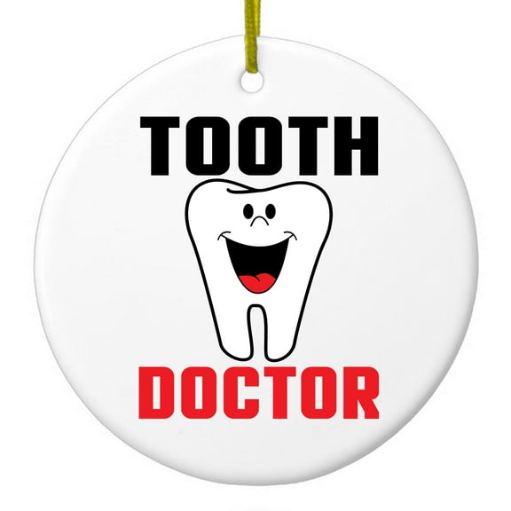 DistinctInk Hanging Ceramic Christmass Tree Ornament with Gold String - Great Gift / Present - 2 3/4 inch diameter - Tooth Doctor Dentist