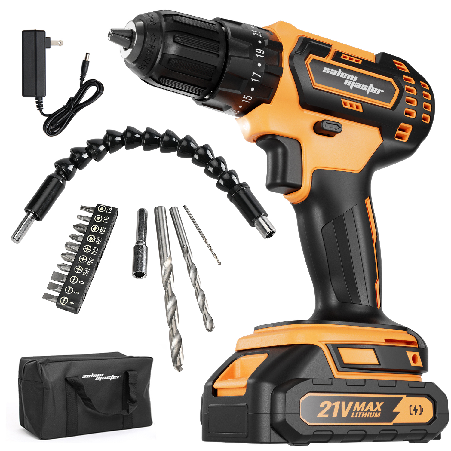 SALEM MASTER Electric Drill Driver 21V Max 3/8'' Portable Cordless Drill for Home Improvement & DIY Projects(1 Battery)