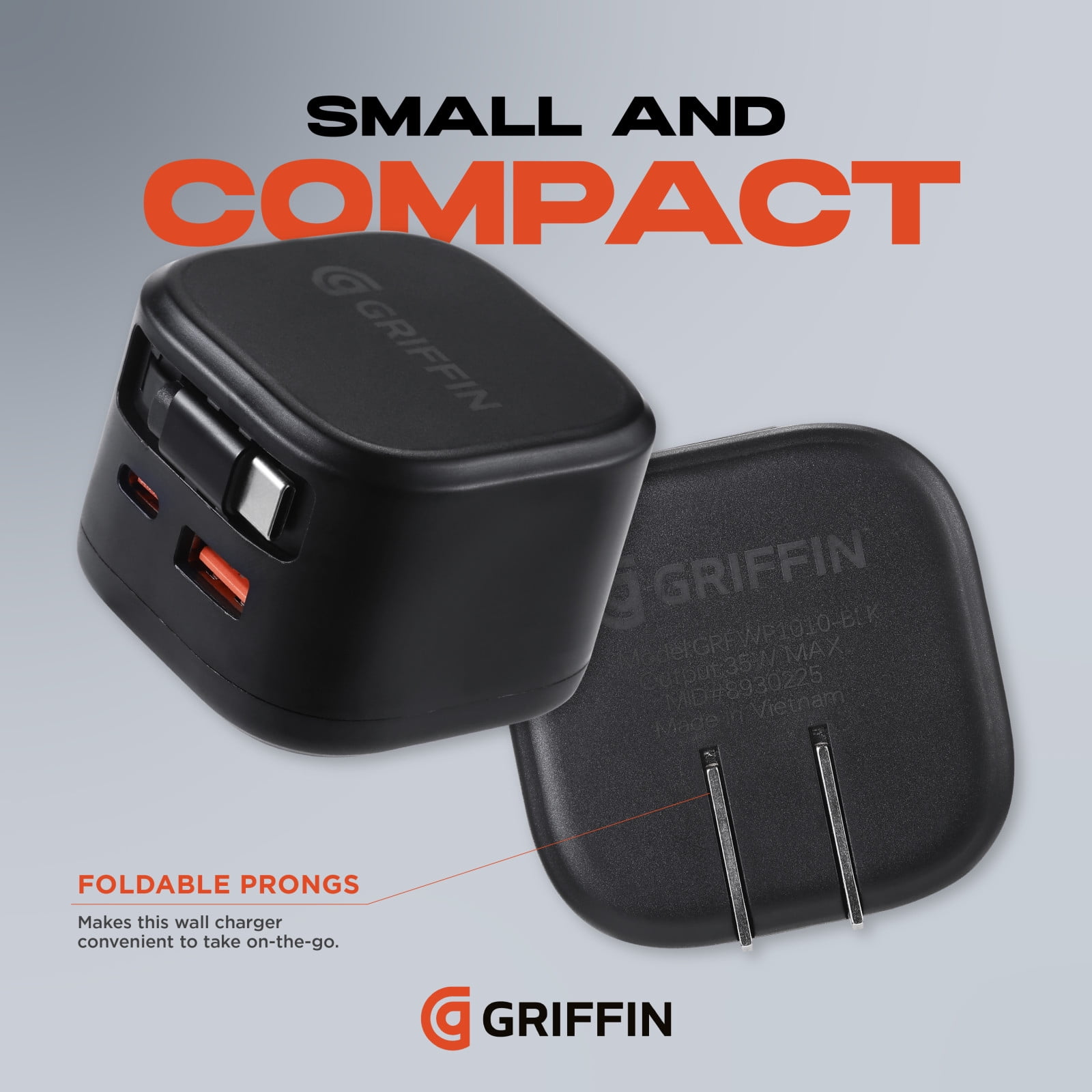 Griffin Dual Port Wall Charger with Retractable USB-C Cable, Power Delivery, Fast Charging (35W Max Output), Dual USB-A & USB-C Ports - Universal Compatibility for Phones and Devices