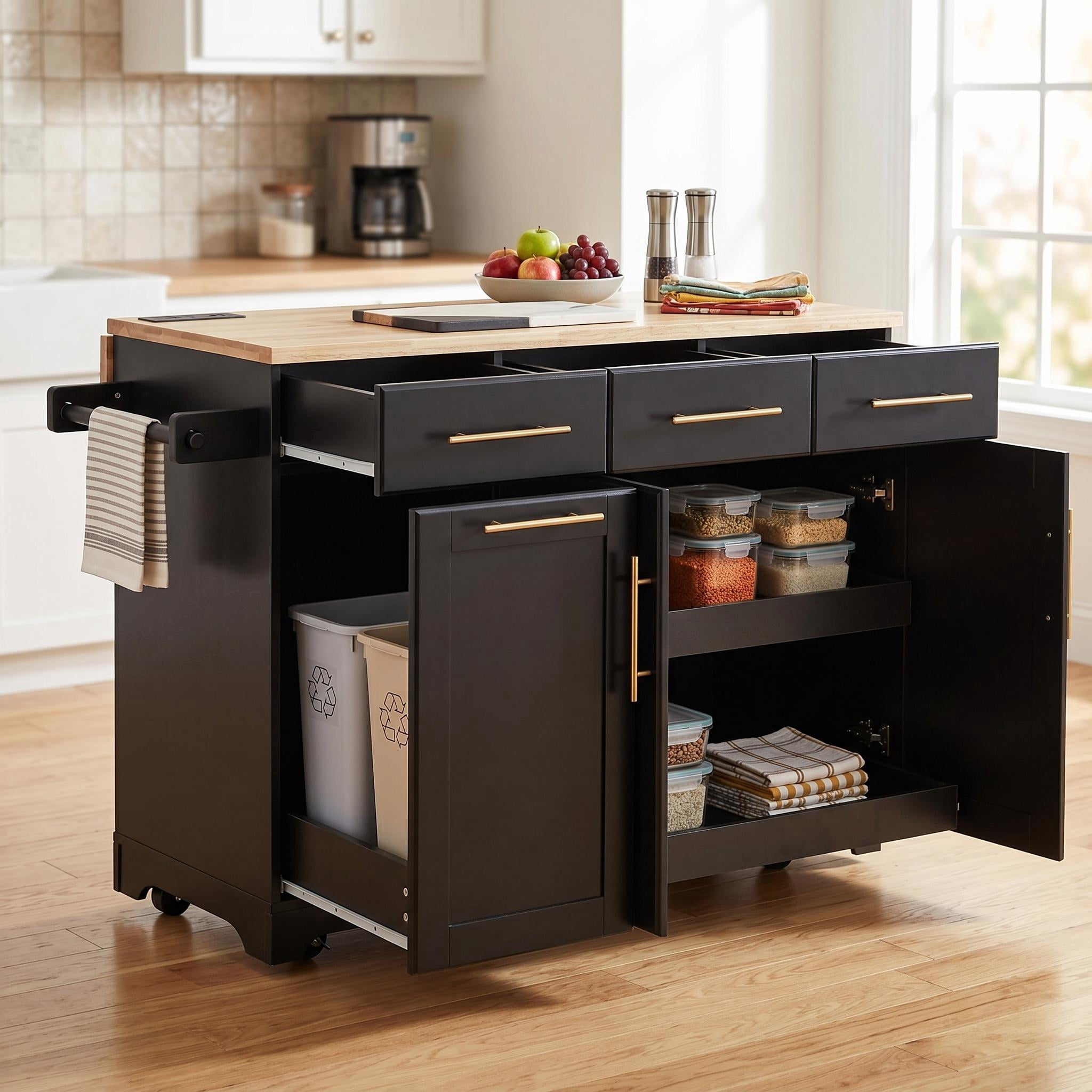Homy Casa Kitchen Island Cart with Storage Drawers, Foldable Rubberwood Top & Charging Station - Black